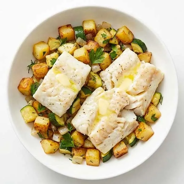 Butter Poached White Fish with Zucchini and Potato Hash
